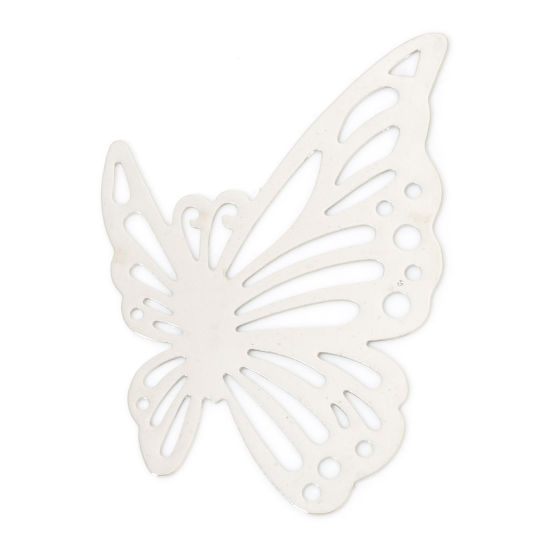 Picture of 10 PCs Iron Based Alloy Filigree Stamping Connectors Charms Pendants Silver Tone Butterfly Animal Insect Hollow 4.3cm x 3cm