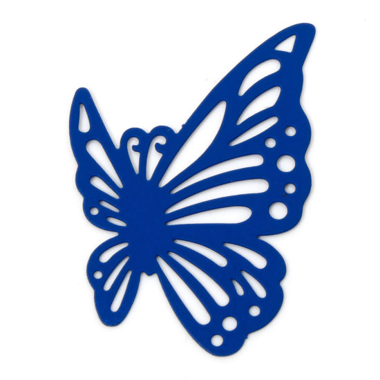 Picture of 10 PCs Iron Based Alloy Filigree Stamping Connectors Charms Pendants Royal Blue Butterfly Animal Insect Hollow 4.3cm x 3cm