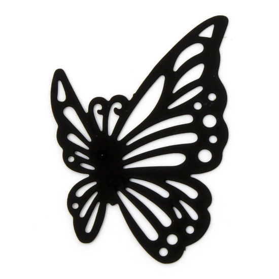 Picture of 10 PCs Iron Based Alloy Filigree Stamping Connectors Charms Pendants Black Butterfly Animal Insect Hollow 4.3cm x 3cm