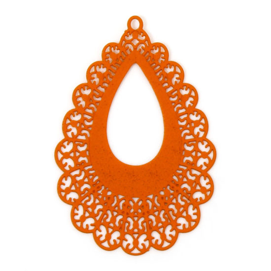 Bild von 10 Stück Eisenlegierung Filigran Stempel Verzierung Anhänger Orange Tropfen Filigran Spritzlackierung 4.2cm x 2.8cm