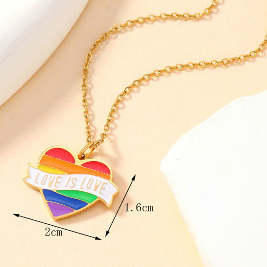 Imagen de 1 Unidad Enchapado al Vacío 304 Acero Inoxidable Arco iris Colgantes Corazón Chapado en Oro Multicolor " LOVE IS LOVE " Esmalte 20mm x 16mm