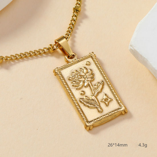 Picture of 2 PCs Vacuum Plating 304 Stainless Steel Casting Charm Pendant Gold Plated Rectangle Flower 26mm x 14mm