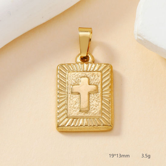 Picture of 2 PCs Vacuum Plating 304 Stainless Steel Casting Charm Pendant Gold Plated Rectangle Cross 19mm x 13mm