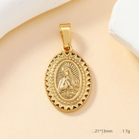 Picture of 2 PCs Vacuum Plating 304 Stainless Steel Casting Charm Pendant Gold Plated Oval Virgin Mary 21mm x 13mm