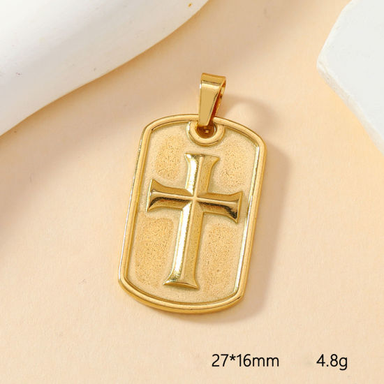 Image de 2 Pcs Pendentif Breloque en 304 Acier Inoxydable Placage sous Vide Coulée Rectangle Doré Croix 27mm x 16mm