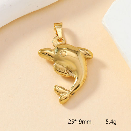 Image de 2 Pcs Pendentif Breloque en 304 Acier Inoxydable Placage sous Vide Coulée Dauphin Doré 25mm x 19mm