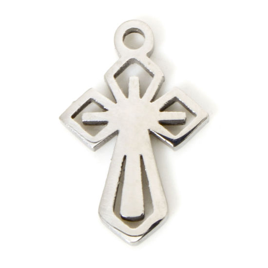 Picture of 2 PCs 304 Stainless Steel Charms Silver Tone Cross 12.5mm x 8mm