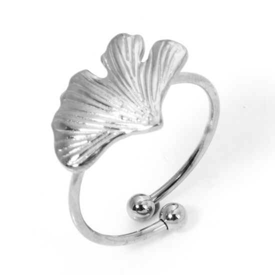 Picture of 1 Piece 304 Stainless Steel Open Adjustable Rings Silver Tone Gingko Leaf 17.7mm(US Size 7.5)