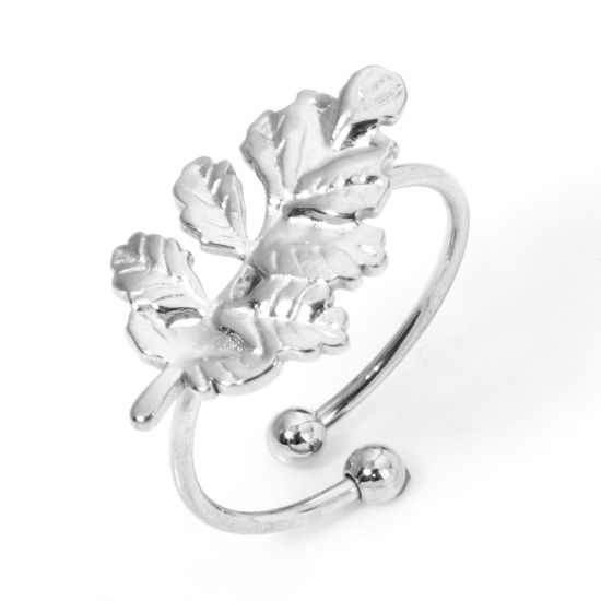 Picture of 1 Piece 304 Stainless Steel Open Adjustable Rings Silver Tone Leaf 17.7mm(US Size 7.5)