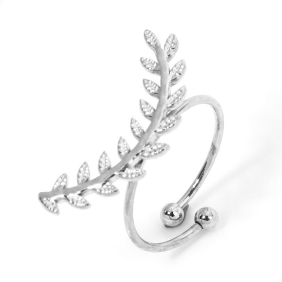 Picture of 1 Piece 304 Stainless Steel Open Adjustable Rings Silver Tone Olive Branch 17.7mm(US Size 7.5)