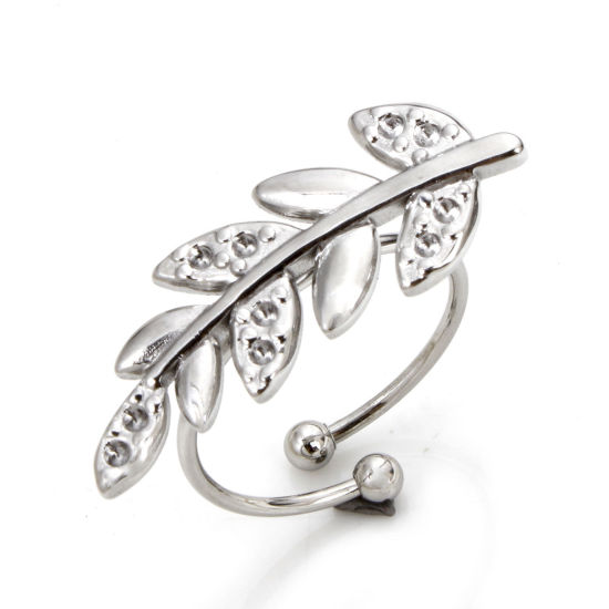 Picture of 1 Piece 304 Stainless Steel Open Adjustable Rings Silver Tone Leaf (Can Hold ss4 Pointed Back Rhinestone) 17.7mm(US Size 7.5)