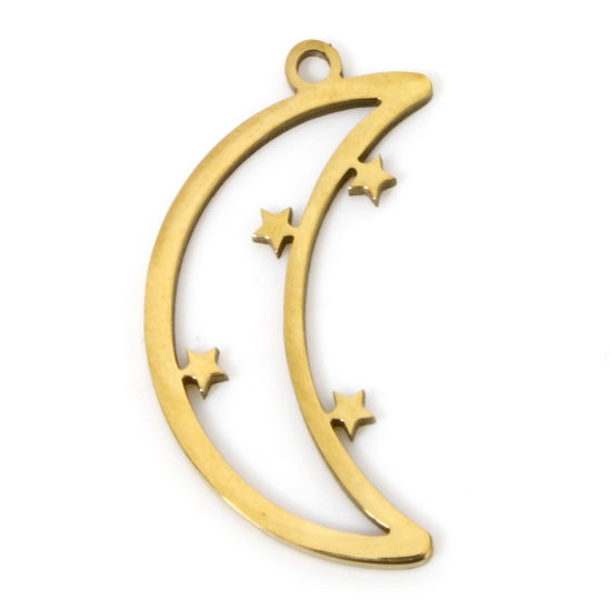 Imagen de 2 Unidades Recubrimiento al Vacío PVD Ecológico 304 Acero Inoxidable Galaxia Colgantes Luna Media 18K Oro Real Chapado Estrellas de cinco puntos Hueco 21.5mm x 11mm