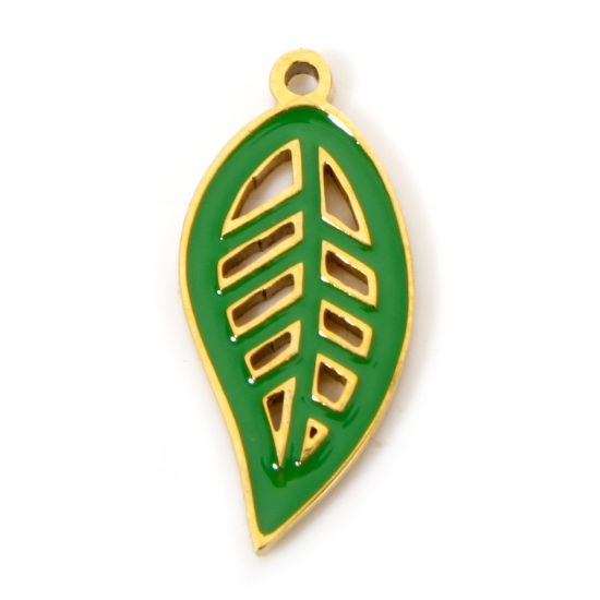 Immagine di 2 Pz Placcatura Sottovuoto PVD Ecologica 304 Acciaio Inossidabile Stile Pastorale Ciondoli Foglia 18K Vero Oro Placcato Verde Smalto 16.5mm x 7.5mm