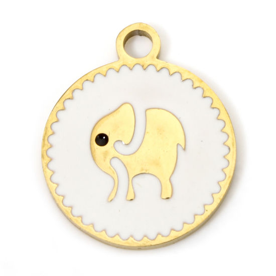 Immagine di 2 Pz Placcatura Sottovuoto PVD Ecologica 304 Acciaio Inossidabile Elegante Ciondoli Tondo 18K Vero Oro Placcato Bianco Elefante Smalto 18mm x 15mm