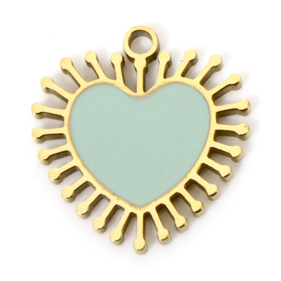 Immagine di 2 Pz Placcatura Sottovuoto PVD Ecologica 304 Acciaio Inossidabile San Valentino Ciondoli Cuore 18K Vero Oro Placcato Verde Blu Smalto 14.5mm x 14mm