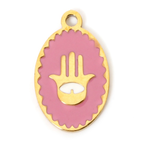 Immagine di 2 Pz Placcatura Sottovuoto PVD Ecologica 304 Acciaio Inossidabile Religione Ciondoli Ovale 18K Vero Oro Placcato Rosa Mani Smalto 18mm x 11mm