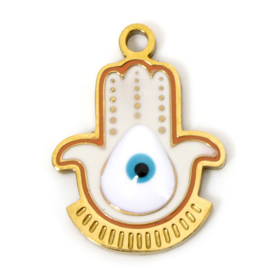 Immagine di 2 Pz Placcatura Sottovuoto PVD Ecologica 304 Acciaio Inossidabile Religione Ciondoli Palmo 18K Vero Oro Placcato Bianco Occhi Smalto 17mm x 13mm