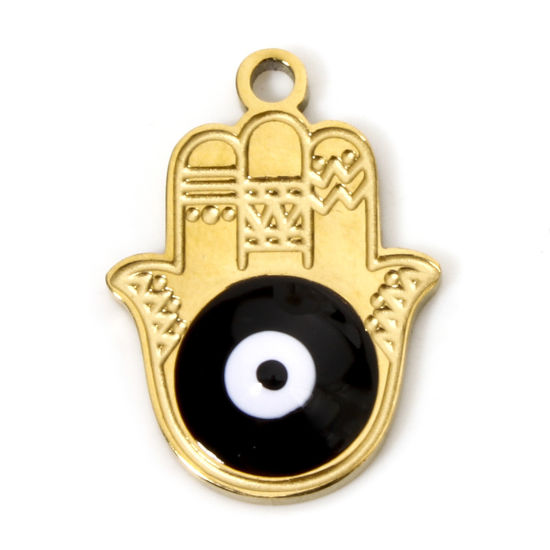 Immagine di 2 Pz Placcatura Sottovuoto PVD Ecologica 304 Acciaio Inossidabile Religione Ciondoli Palmo 18K Vero Oro Placcato Nero Occhi Smalto 17.5mm x 12.5mm