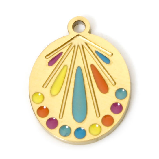 Immagine di 2 Pz Placcatura Sottovuoto PVD Ecologica 304 Acciaio Inossidabile Elegante Ciondoli Ovale 18K Vero Oro Placcato Multicolore Fuochi d'Artificio Smalto 15.5mm x 12mm