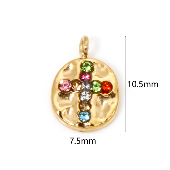 Bild von 1 Stück Vakuumbeschichtung 304 Edelstahl Gehämmert Charms Oval Vergoldet Kreuz Bunt Strass 10.5mm x 7.5mm