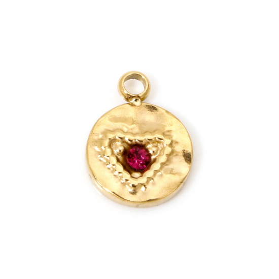 Bild von 1 Stück Vakuumbeschichtung 304 Edelstahl Gehämmert Charms Rund Vergoldet Herz Fuchsie Strass 10.5mm x 8mm