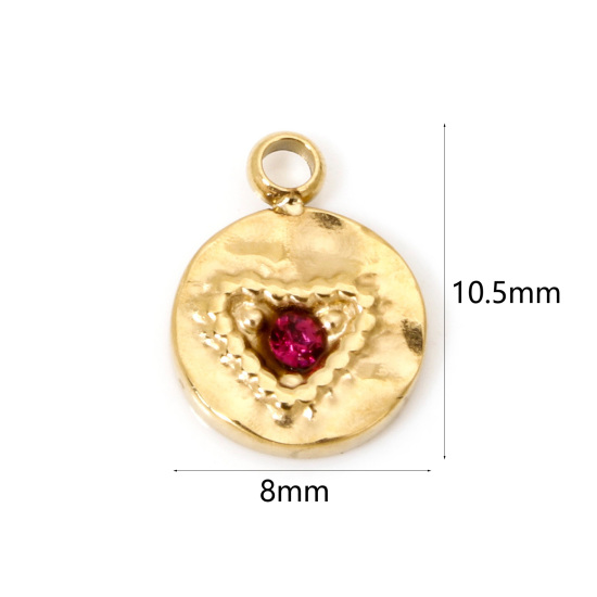 Bild von 1 Stück Vakuumbeschichtung 304 Edelstahl Gehämmert Charms Rund Vergoldet Herz Fuchsie Strass 10.5mm x 8mm
