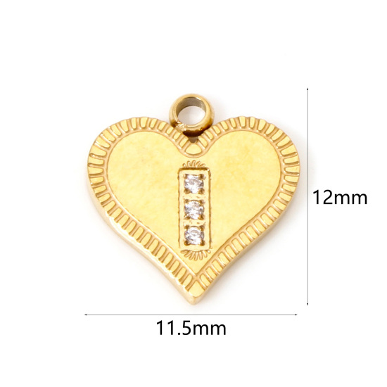 Bild von 1 Stück Vakuumbeschichtung 304 Edelstahl Valentinstag Charms Herz Vergoldet Streifen Transparent Strass 12mm x 11.5mm