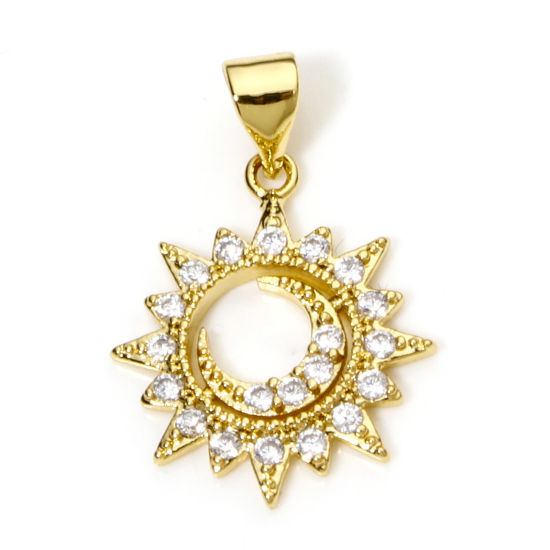 Picture of 1 Piece Brass Galaxy Charm Pendant 18K Gold Plated Sun Moon Micro Pave Clear Cubic Zirconia 23mm x 16.5mm