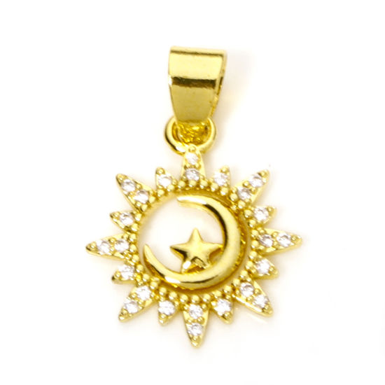 Picture of 1 Piece Brass Galaxy Charm Pendant 18K Gold Plated Sun Moon Micro Pave Clear Cubic Zirconia 24mm x 15.5mm