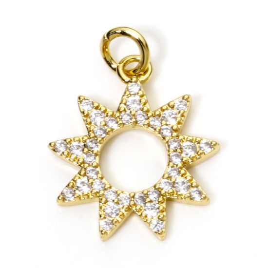 Picture of 1 Piece Brass Galaxy Charm Pendant 18K Real Gold Plated Sun Micro Pave Clear Cubic Zirconia 21mm x 16mm