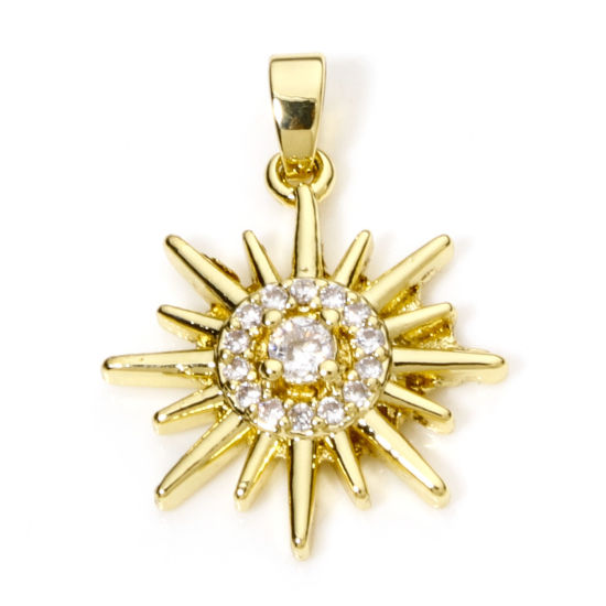 Picture of 1 Piece Brass Galaxy Charm Pendant 18K Real Gold Plated Sun Micro Pave Clear Cubic Zirconia 25mm x 19mm