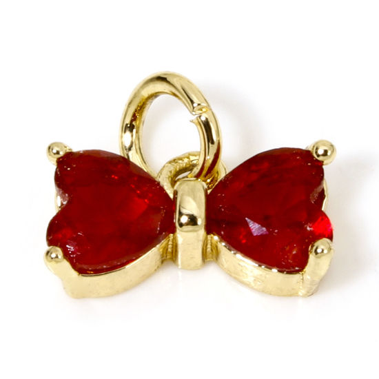 Image de 2 Pcs Breloques Vêtements en Laiton & Verre Plaqué Or Véritable 18K Rouge Nœuds Papillon 11mm x 10mm