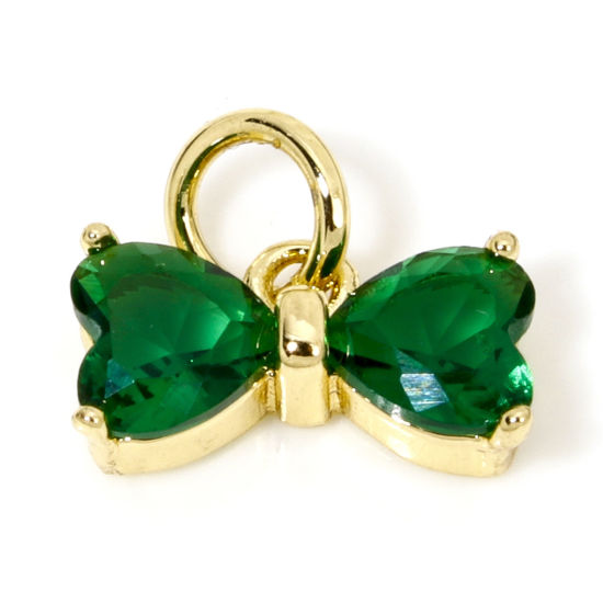 Image de 2 Pcs Breloques Vêtements en Laiton & Verre Plaqué Or Véritable 18K Vert Nœuds Papillon 11mm x 10mm