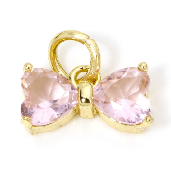 Image de 2 Pcs Breloques Vêtements en Laiton & Verre Plaqué Or Véritable 18K Rose Nœuds Papillon 11mm x 10mm