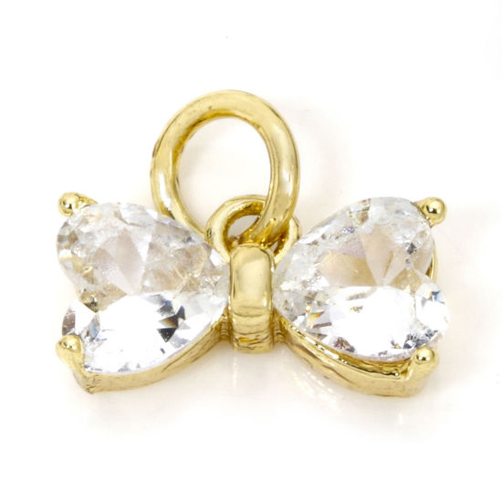 Image de 2 Pcs Breloques Vêtements en Laiton & Verre Plaqué Or Véritable 18K Transparent Nœuds Papillon 11mm x 10mm