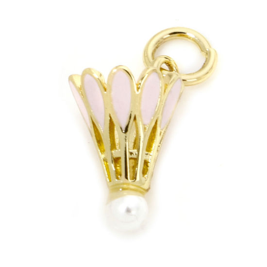 Bild von 1 Stück Messing Sport Charms 18K Echtgold plattiert Rosa Badminton Emaille 16mm x 9mm