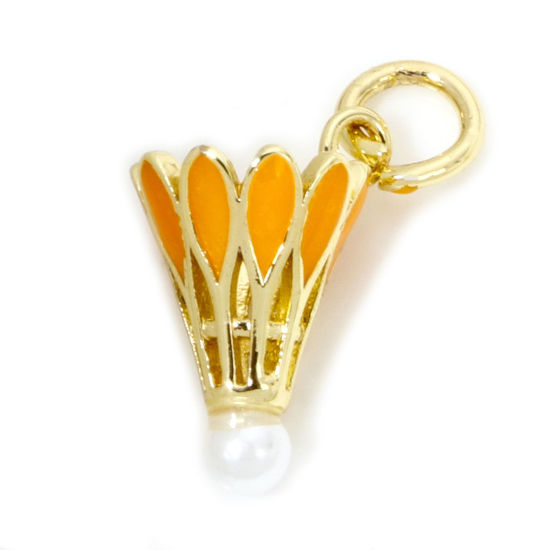 Bild von 1 Stück Messing Sport Charms 18K Echtgold plattiert Orange Badminton Emaille 16mm x 9mm