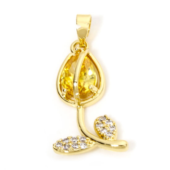Image de 1 Pièce Breloques en Laiton & Verre Tulipe Plaqué Or 18K Jaune Micro Pave à Zircone Cubique Clair 29mm x 12mm