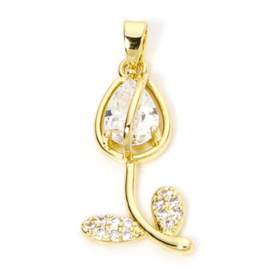 Image de 1 Pièce Breloques en Laiton & Verre Tulipe Plaqué Or 18K Transparent Micro Pave à Zircone Cubique Clair 29mm x 12mm