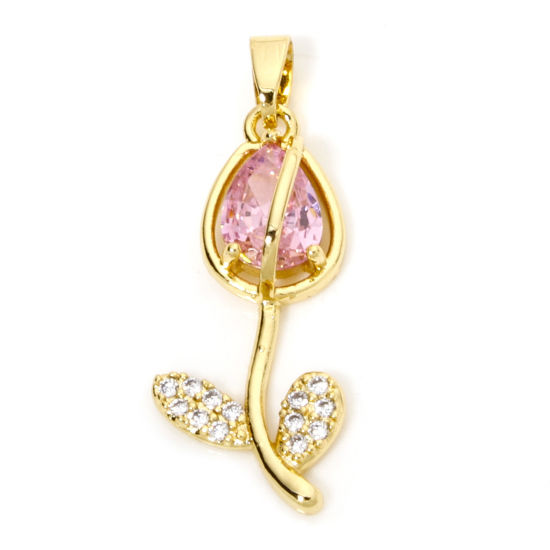 Image de 1 Pièce Breloques en Laiton & Verre Tulipe Plaqué Or 18K Rose Micro Pave à Zircone Cubique Clair 29mm x 12mm
