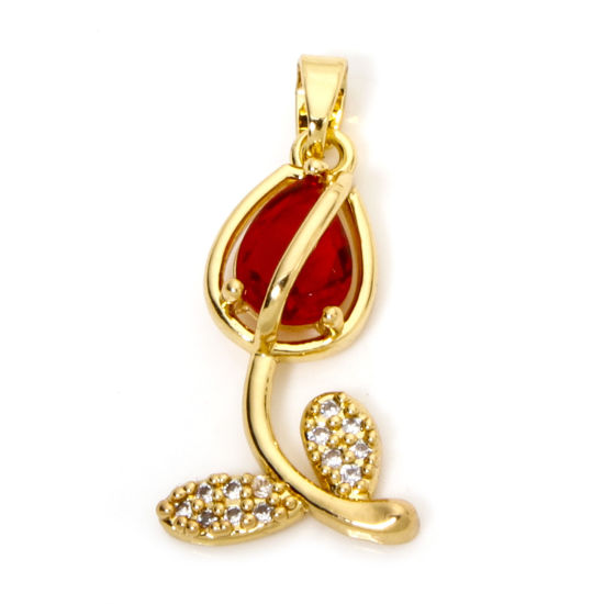 Image de 1 Pièce Breloques en Laiton & Verre Tulipe Plaqué Or 18K Rouge Micro Pave à Zircone Cubique Clair 29mm x 12mm