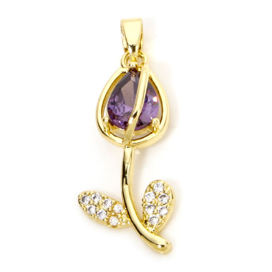 Image de 1 Pièce Breloques en Laiton & Verre Tulipe Plaqué Or 18K Violet Micro Pave à Zircone Cubique Clair 29mm x 12mm