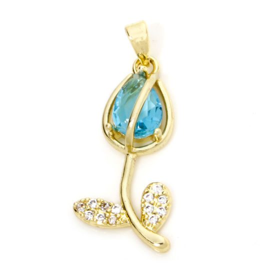 Image de 1 Pièce Breloques en Laiton & Verre Tulipe Plaqué Or 18K Bleu Micro Pave à Zircone Cubique Clair 29mm x 12mm