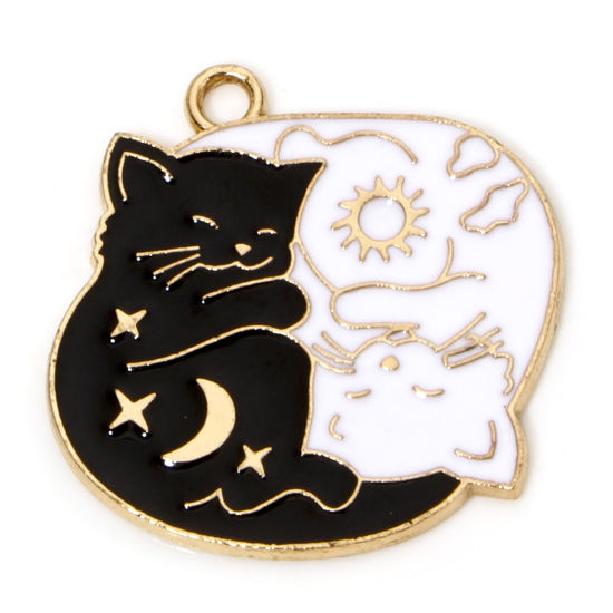 Picture of 10 PCs Zinc Based Alloy Halloween Charms Gold Plated Black & White Cat Animal Star Enamel 25mm x 24mm