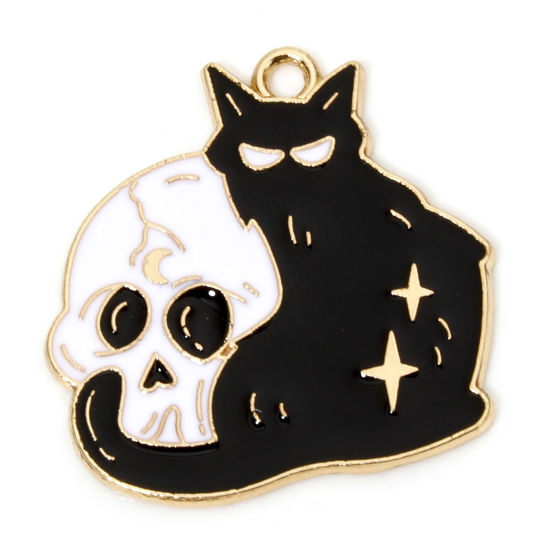 Picture of 10 PCs Zinc Based Alloy Halloween Charms Gold Plated Black & White Cat Animal Skull Enamel 25mm x 25mm