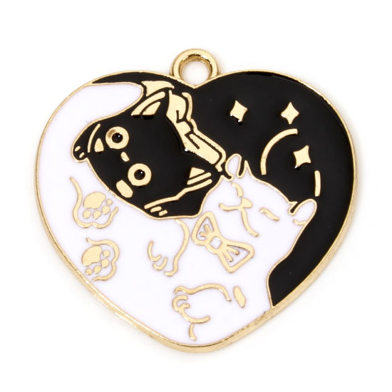 Picture of 10 PCs Zinc Based Alloy Halloween Charms Gold Plated Black & White Cat Animal Star Enamel 26mm x 26mm