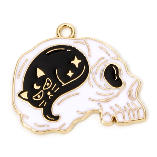 Picture of 10 PCs Zinc Based Alloy Halloween Charms Gold Plated Black & White Cat Animal Skull Enamel 25mm x 22mm