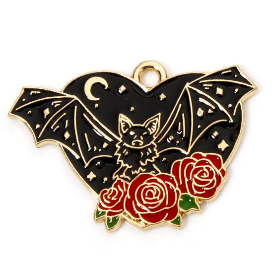 Picture of 10 PCs Zinc Based Alloy Halloween Charms Gold Plated Black & Red Halloween Bat Animal Rose Flower 28mm x 19mm