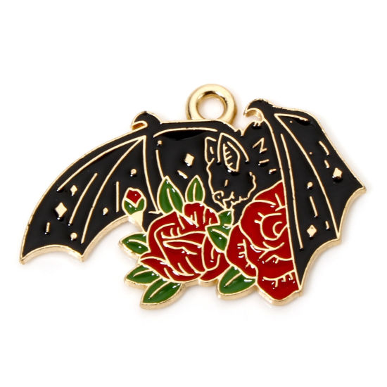 Picture of 10 PCs Zinc Based Alloy Halloween Charms Gold Plated Black & Red Halloween Bat Animal Rose Flower 28mm x 19mm