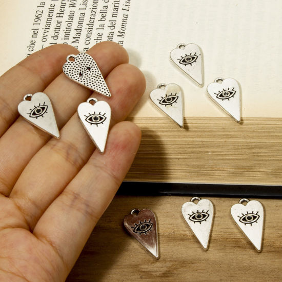 Picture of 20 PCs Zinc Based Alloy Gothic Charms Antique Silver Color Heart Eye of Providence/ All-seeing Eye (Can Hold ss5 Pointed Back Rhinestone) 22mm x 11mm